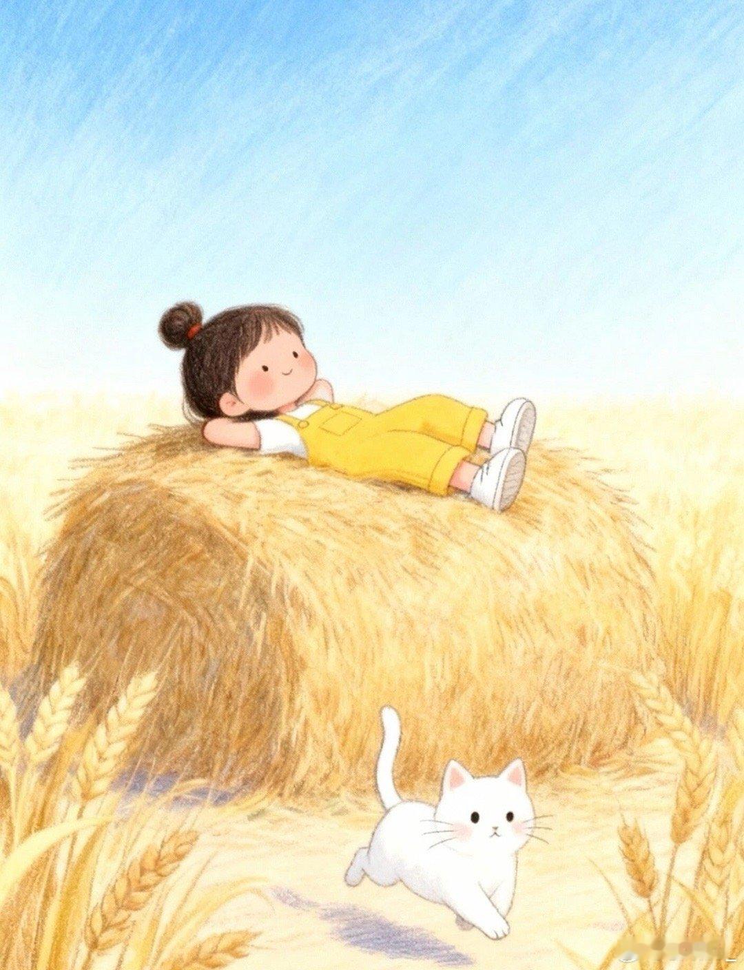 风把麦浪揉成暖黄的毯子。风卷着半片落叶擦过田埂，猫踩碎了地上的光斑，尾巴尖扫得麦