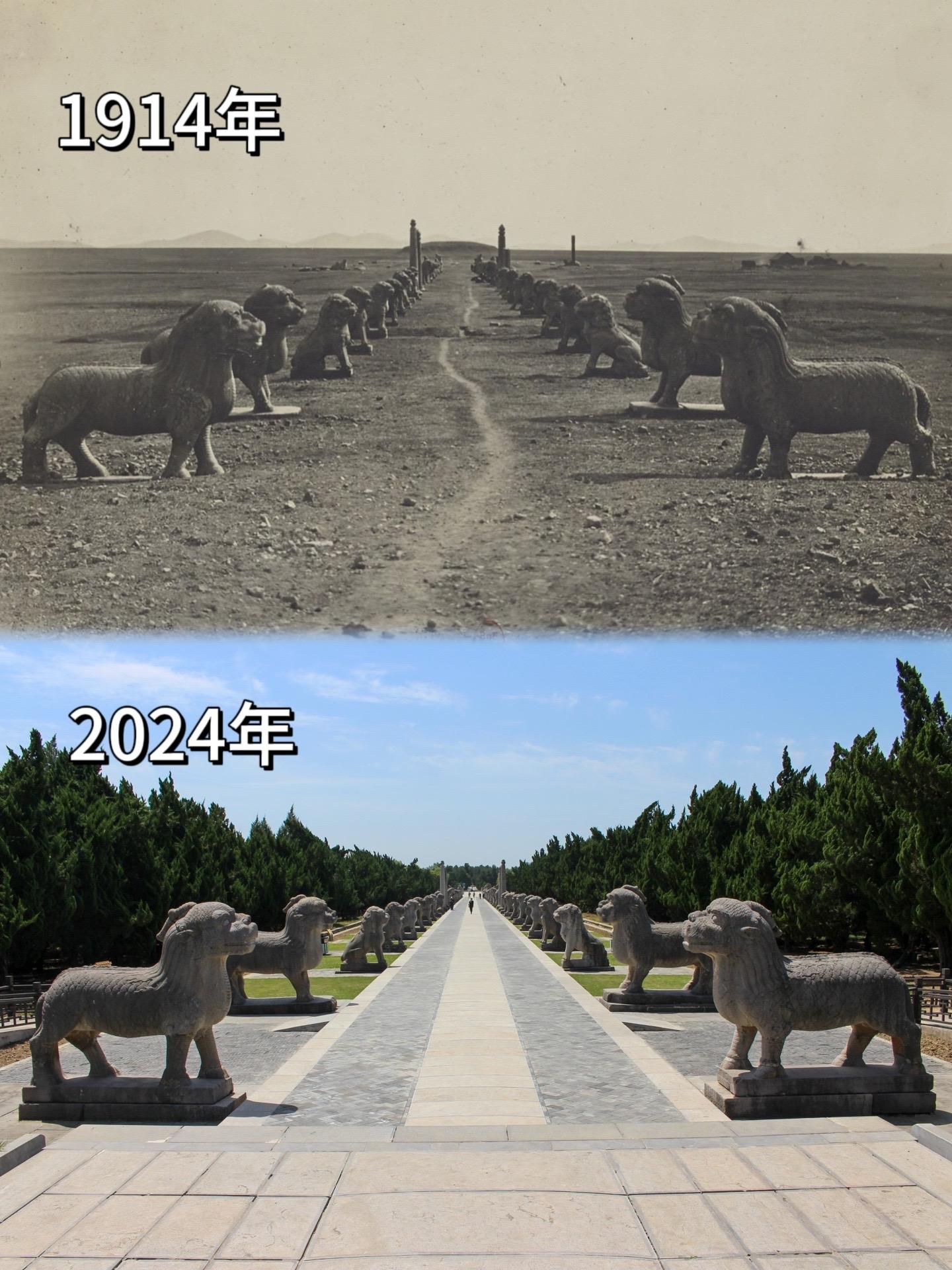 安徽凤阳明皇陵古今对比。时隔110年，安徽凤阳明皇陵神道石刻古今对比。雕栏玉砌应犹在，只是朱颜改。 
明皇陵位于安徽省凤阳县城西南7公里处，是明朝开国皇帝朱元璋为其父母和兄嫂修建的的陵寝，初建之时占地约2万余亩，于元至正二十六年（1366年）始建，洪武十二年（1379年）竣工，荐号英陵，后改称皇陵。 
明皇陵与南京明孝陵和北京明十三陵为同一制度，明皇陵虽非帝王之陵，但其规模和建制均体现了皇家气派。皇陵神道总长257米，石像生32对，石像生数量之多、刻工之精美为历代帝王陵寝中的精品。