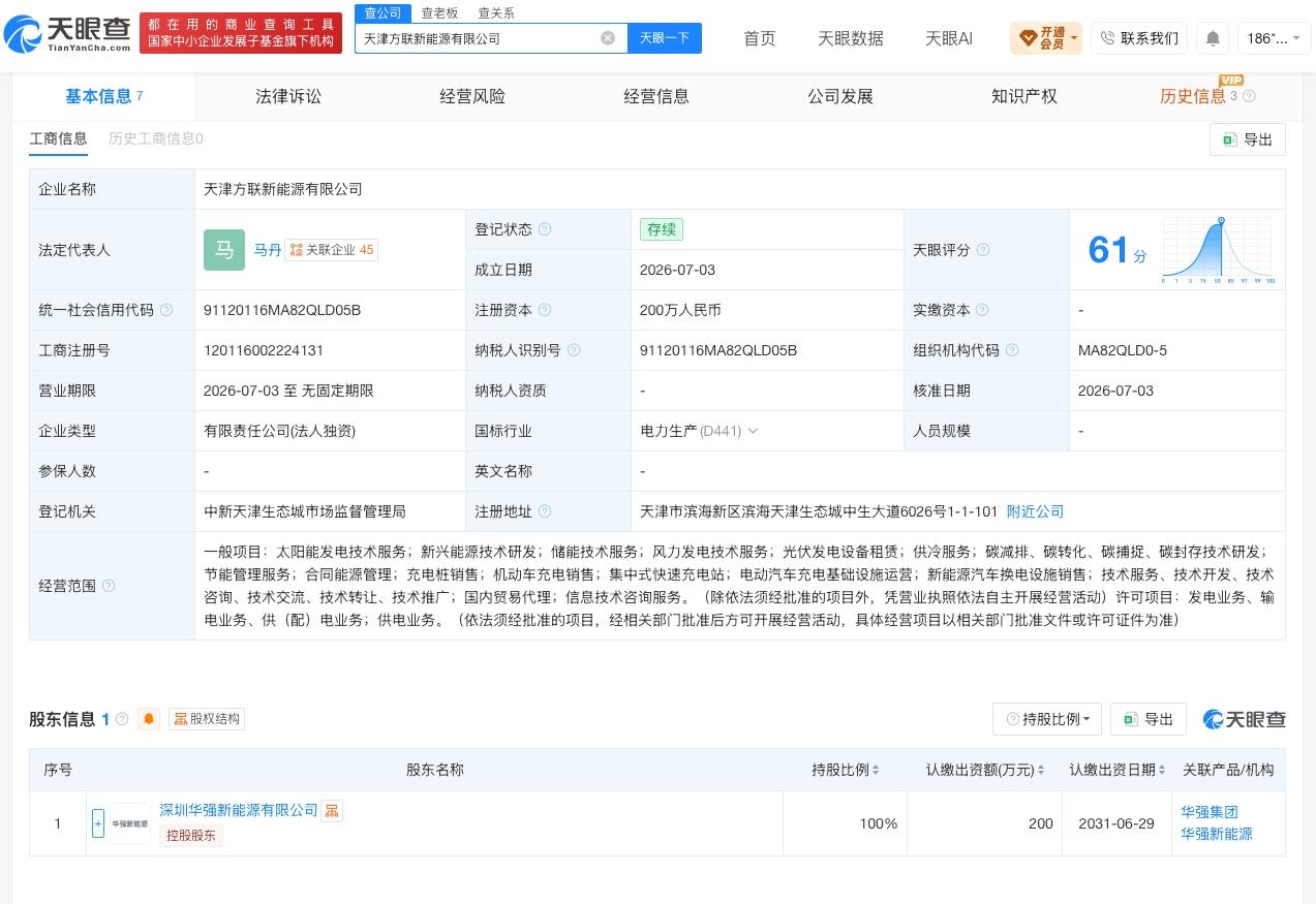 华强新能源在天津成立新公司 注册资本200万
天眼查App显示，近日，天津方联新