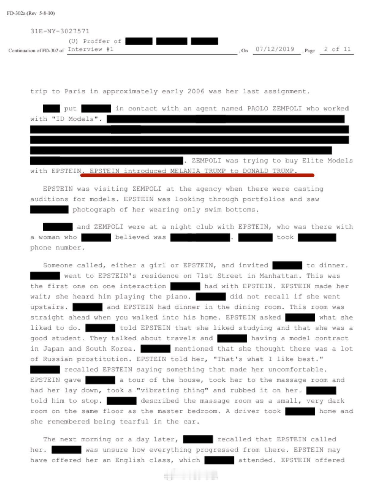 最新消息爆料爱泼斯坦将梅拉尼娅介绍给了特朗普：一位接受联邦调查局询问的证人表示：