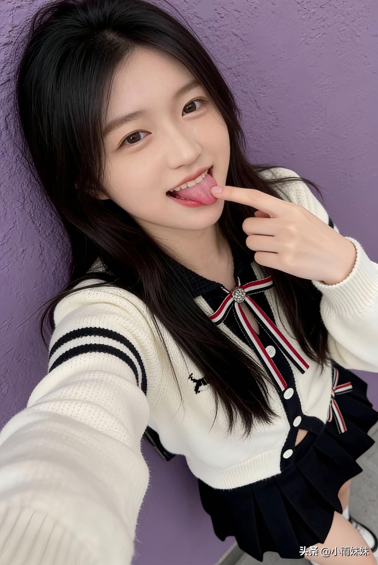 身着学院风小开衫搭配百褶裙，本打算走温柔学姐风，谁知一个吐舌搞怪的动作，瞬间让我