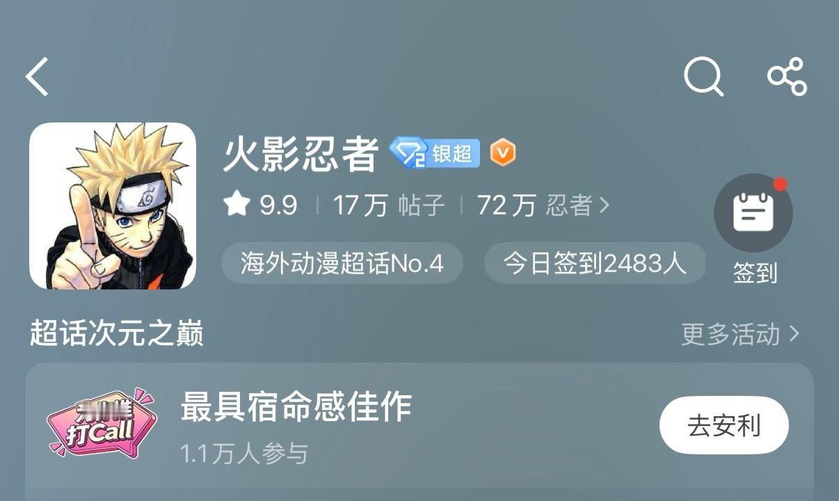 最近官方搞了一个新投票“超话次元之巅投票”我今天点进去一看 火影忍者己经排在第二