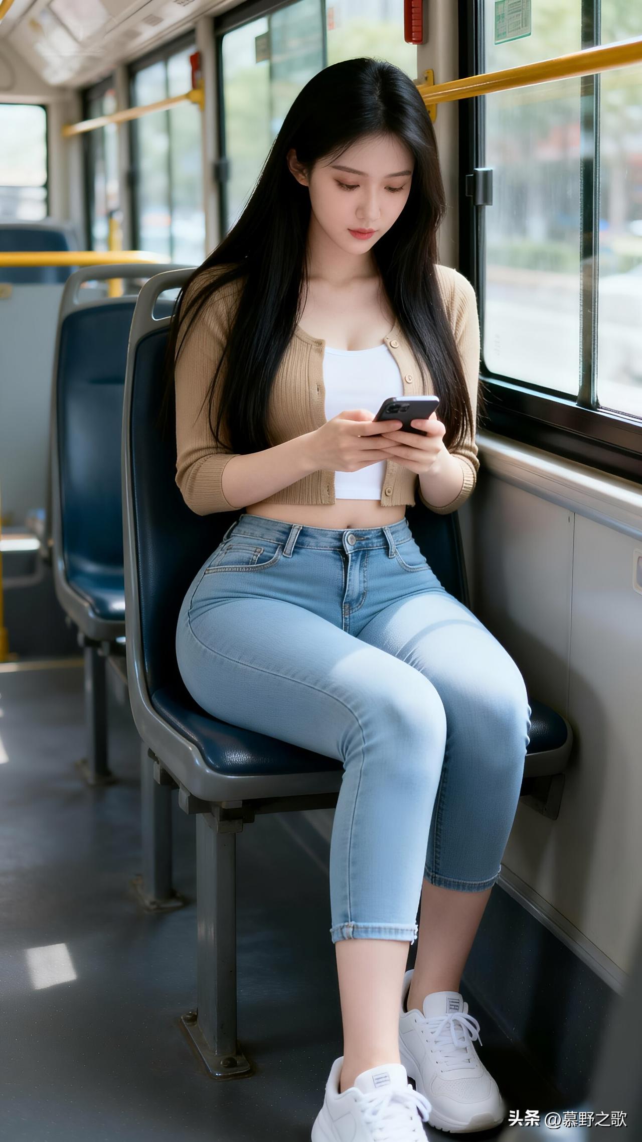 公交上的松弛感，是日常的温柔
卡其色短款针织开衫，内搭白色短款吊带，浅蓝色七分牛