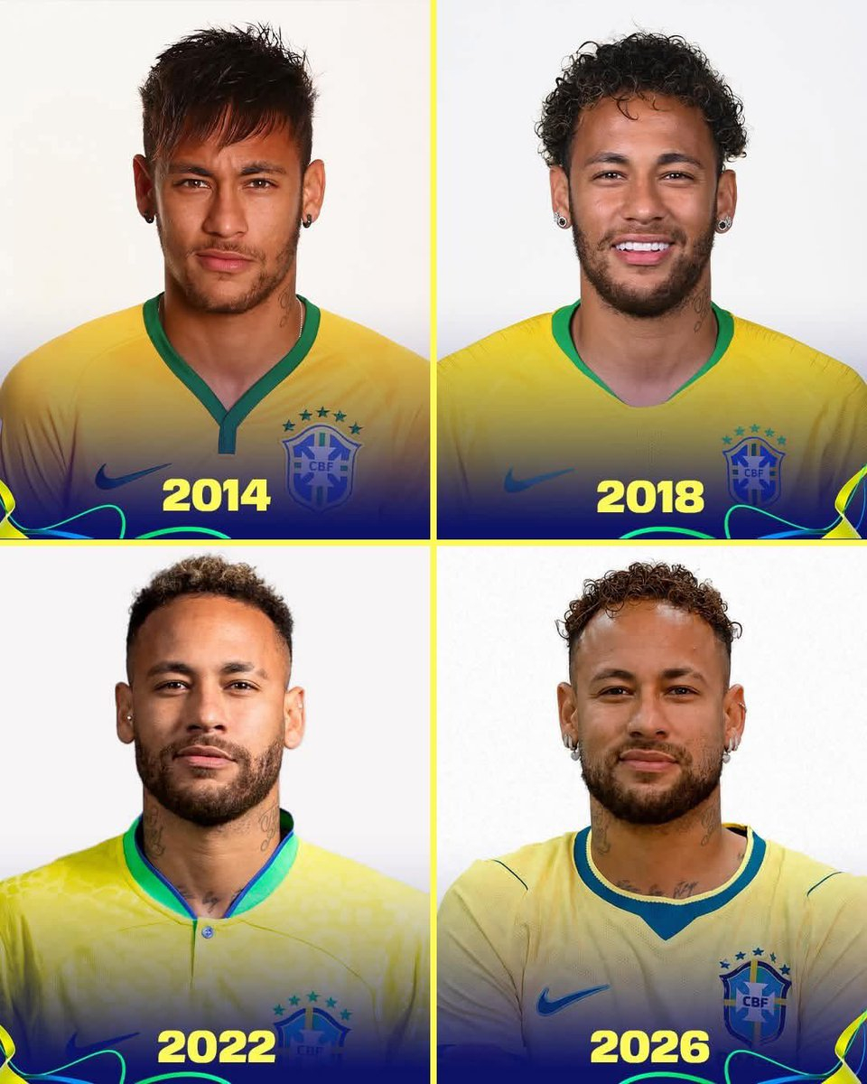 世界杯2026世界杯 内马尔四届世界杯定妆照对比，祝福内马尔和巴西今年好运🇧?