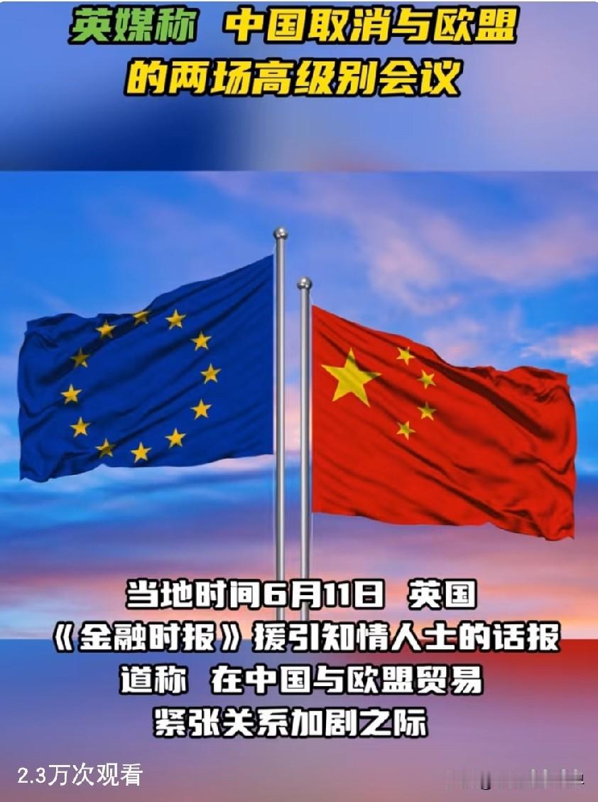 英媒称中国取消了与欧盟的两场高级别会议。

当地时间6月11日，英国《金融时报》