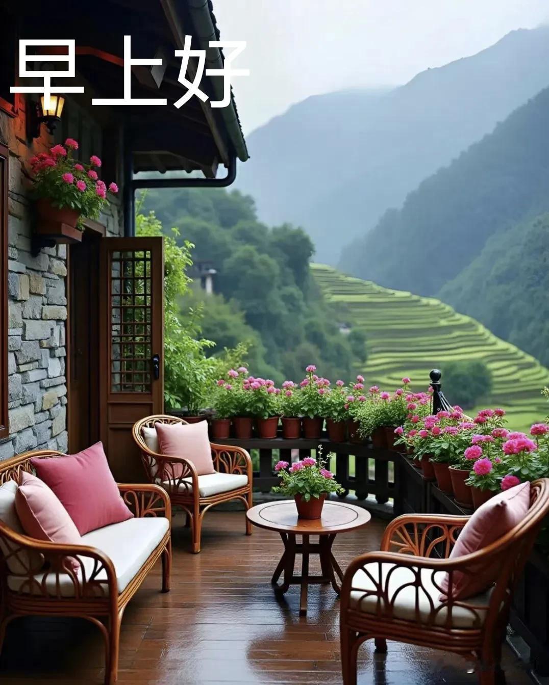 山居伴繁花，远山藏清宁，早上好，愿日子安稳，喜乐随心。