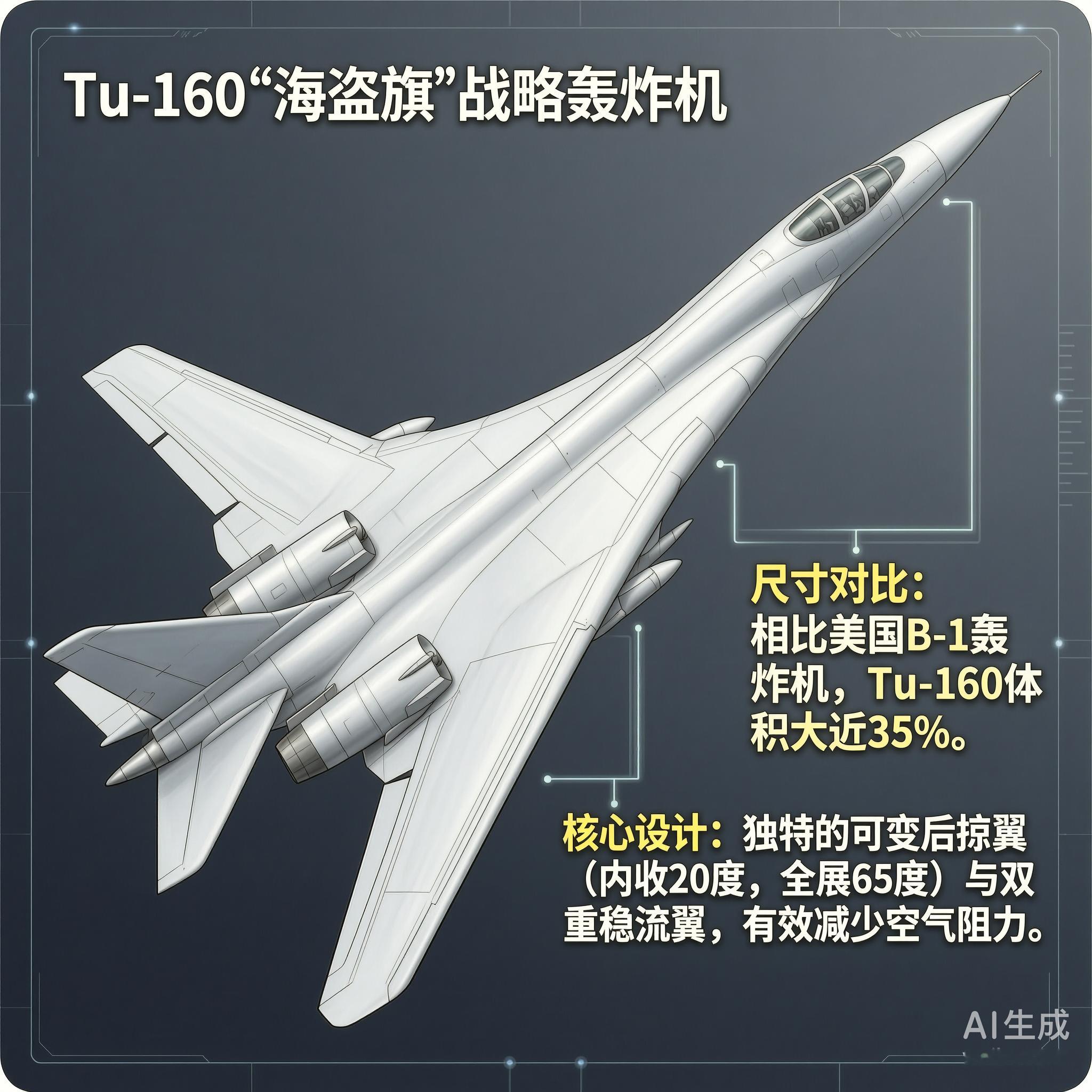 军事ai新视野 俄罗斯Tu-160“海盗旗”轰炸机Tu-160是图波列夫设计局研