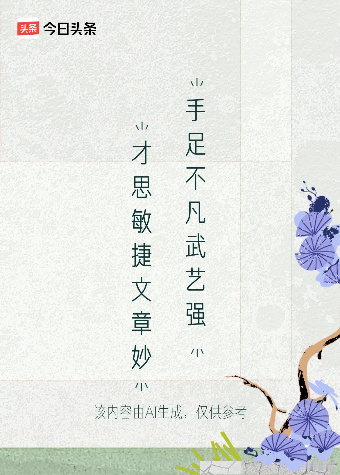 微头条
上联：才思敏捷文章妙
下联：手足不凡武艺强
  这下联“手足不凡武艺强”