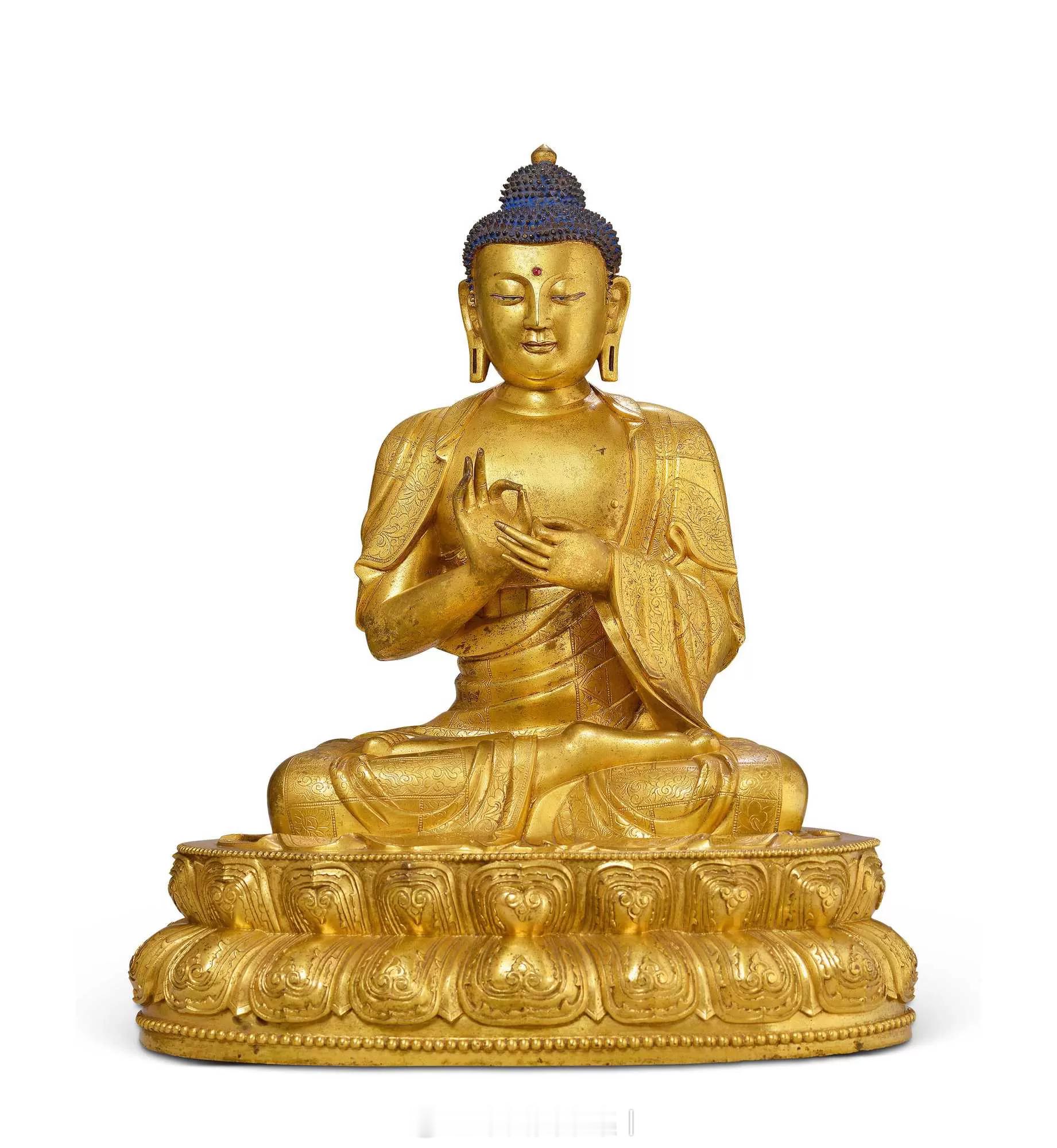 清康熙 御制铜鎏金说法印燃灯佛坐像整尊造像体量硕大达44.5公分高，宫廷等级，且