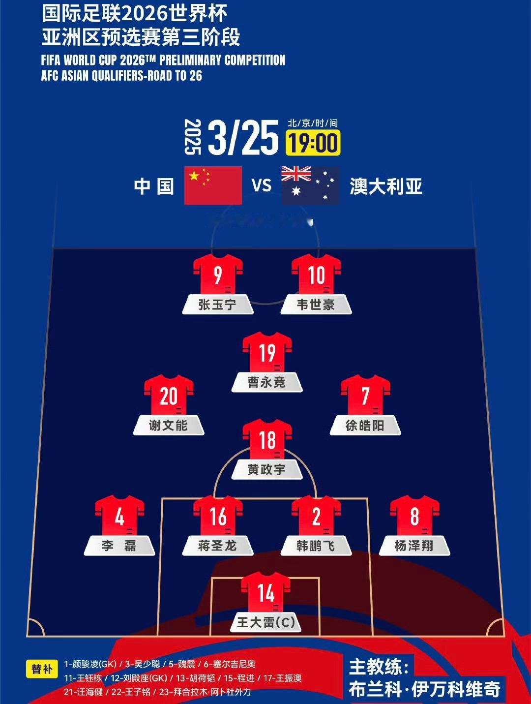 【首发阵容】  世界杯 亚洲区预选赛第三阶段C组第8轮：中国🇨🇳主场 🆚 