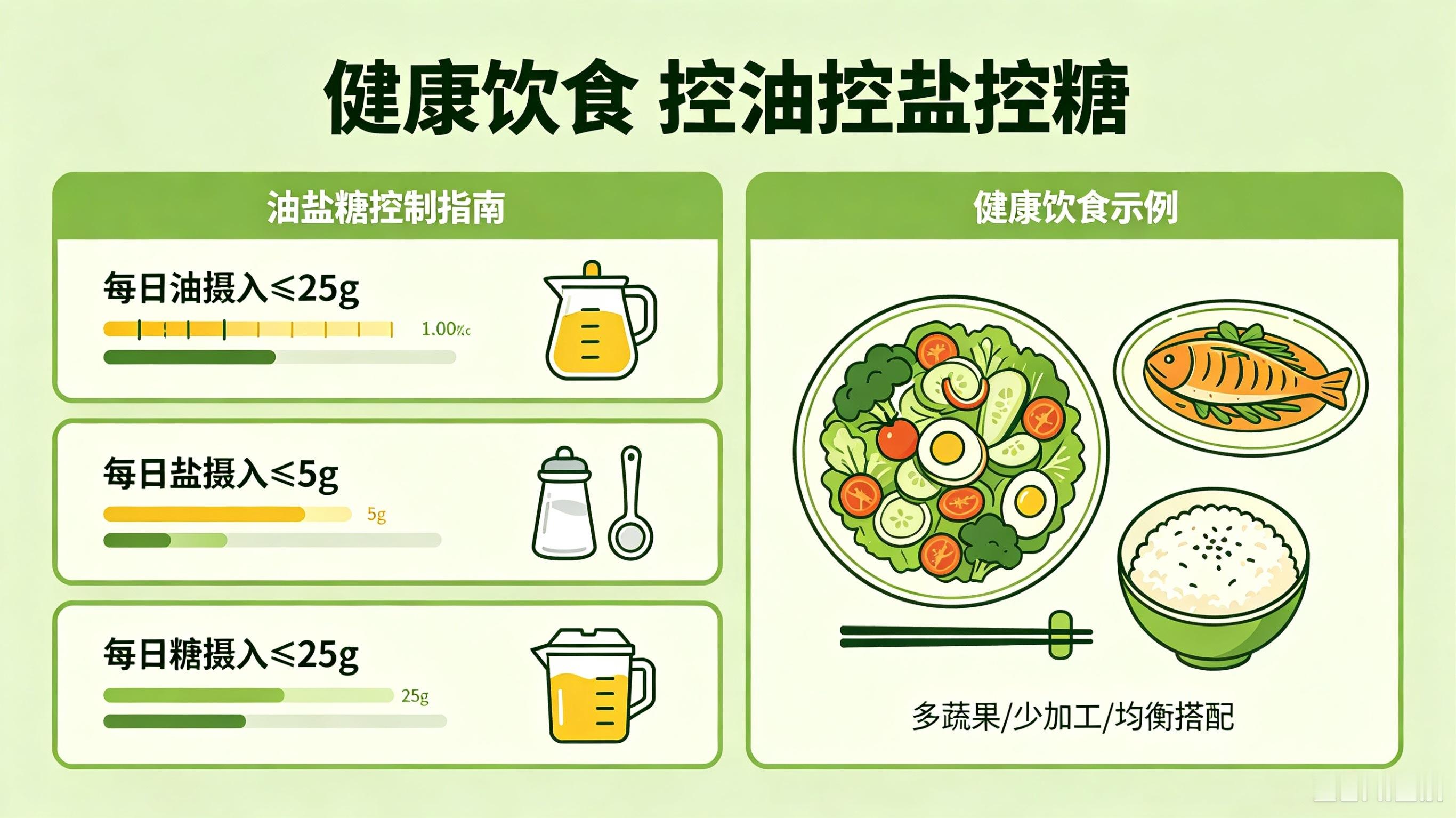 现在一日三餐日常饮食，盐、油、糖含量都很高，要控制起来了控盐：推荐每日5g盐，我