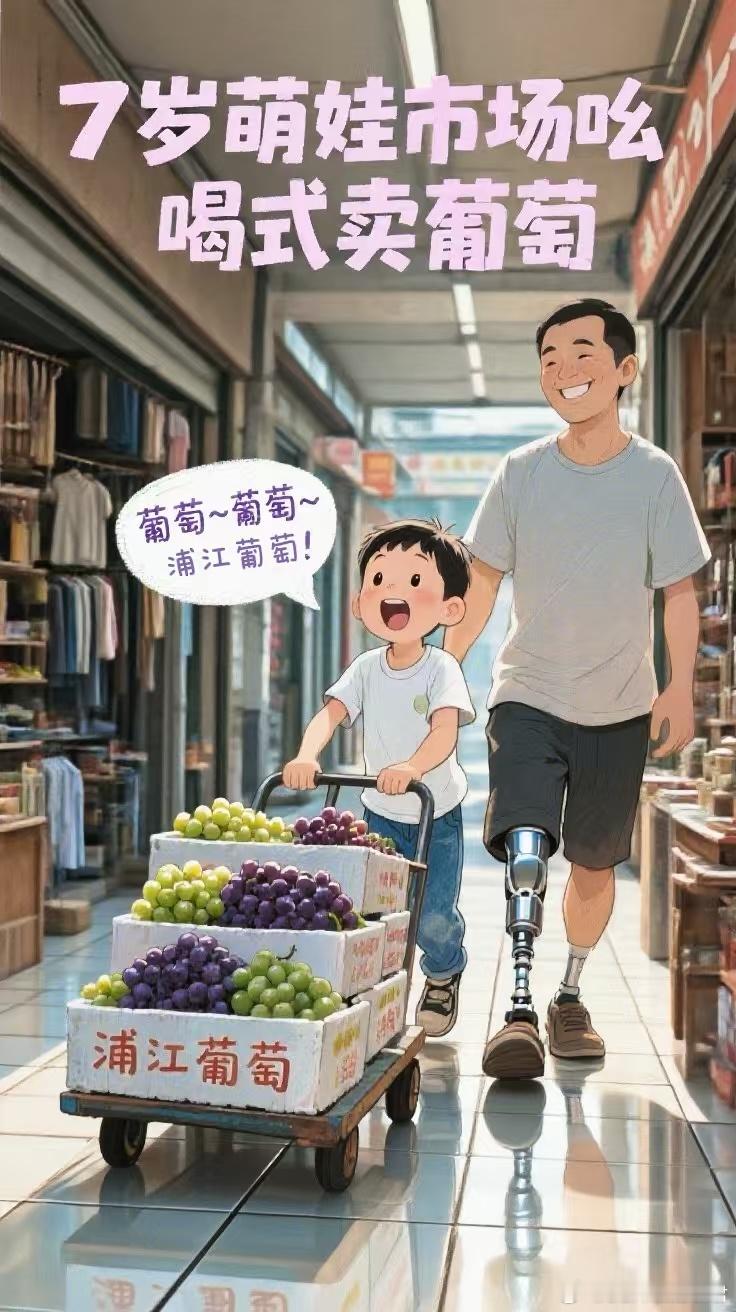 金华小孩哥为残疾爸爸吆喝卖葡萄义乌小商品市场里，金华男孩推车卖葡萄，吆喝起来大方