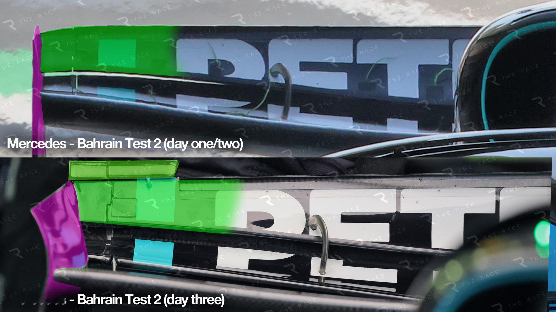 梅赛德斯W17在巴林测试最后一天带来了升级款尾翼，尾翼端板形状发生了明显变化，上