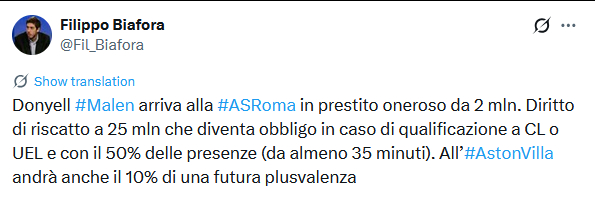 Biafora报道马伦的最终转会细节，200万欧元租借费+2500万欧元可选买断