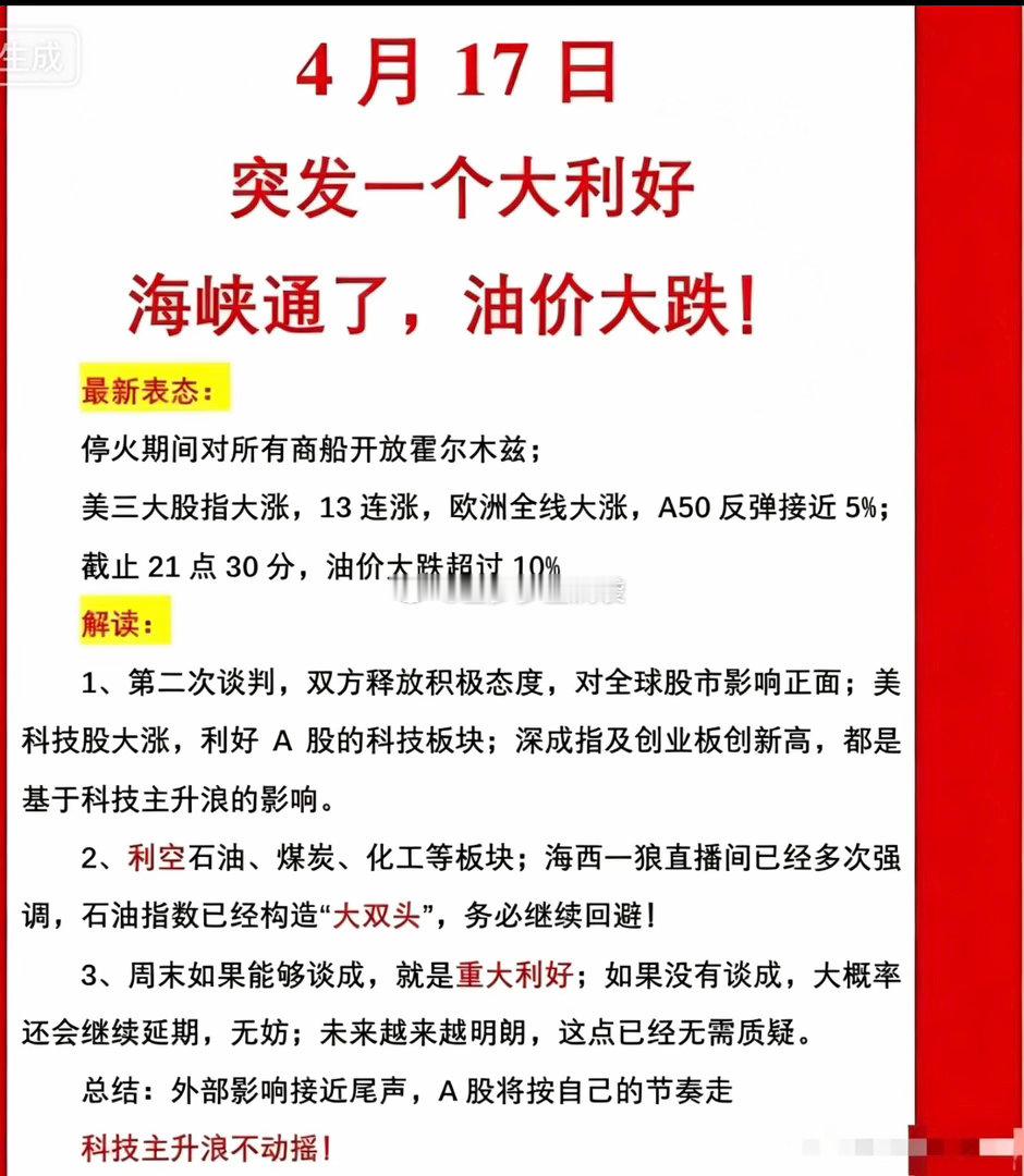 海峡通了，油价大跌！4月17日最新表态：停火期间对所有商船开放霍尔木兹；美三大股