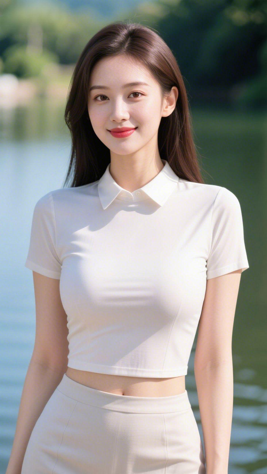 晴日水边漾温柔
 
晴日的阳光落在湖面，碎成粼粼的光斑，浅米翻领上衣搭配同色系下