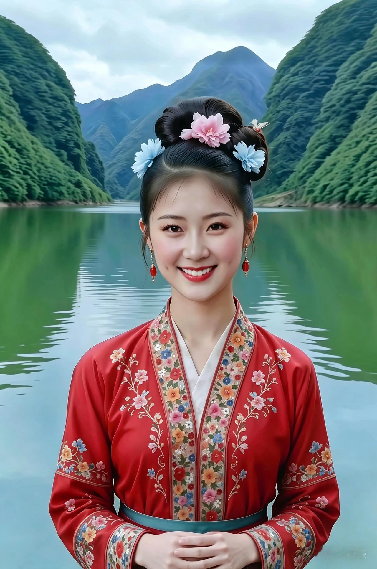 在人物红色传统服装的衣襟、袖口和胸前衣料上添加精致花儿花纹效果，花纹为彩色刺绣风