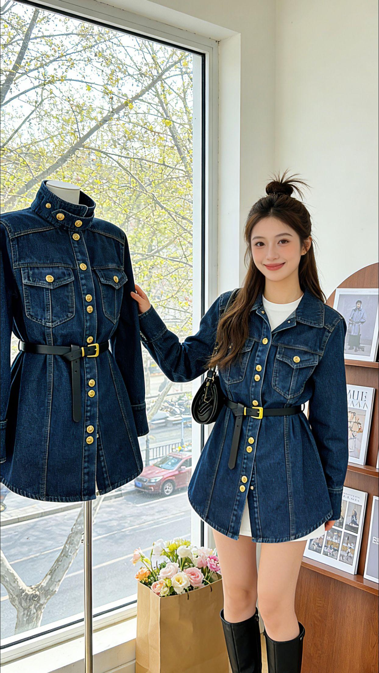 陪Danny逛街时，她随手披上这件美式立领牛仔衬衫。金属扣在阳光下闪着细腻光泽，