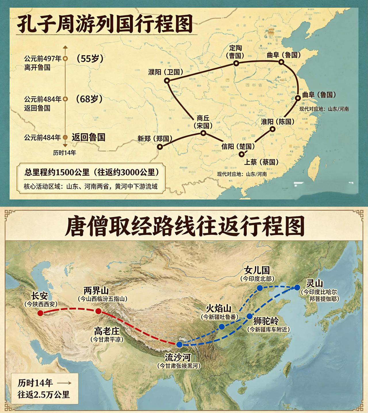 唐僧完爆孔子


一、孔子周游列国行程轨迹

• 时长与总里程：历时14年，核心