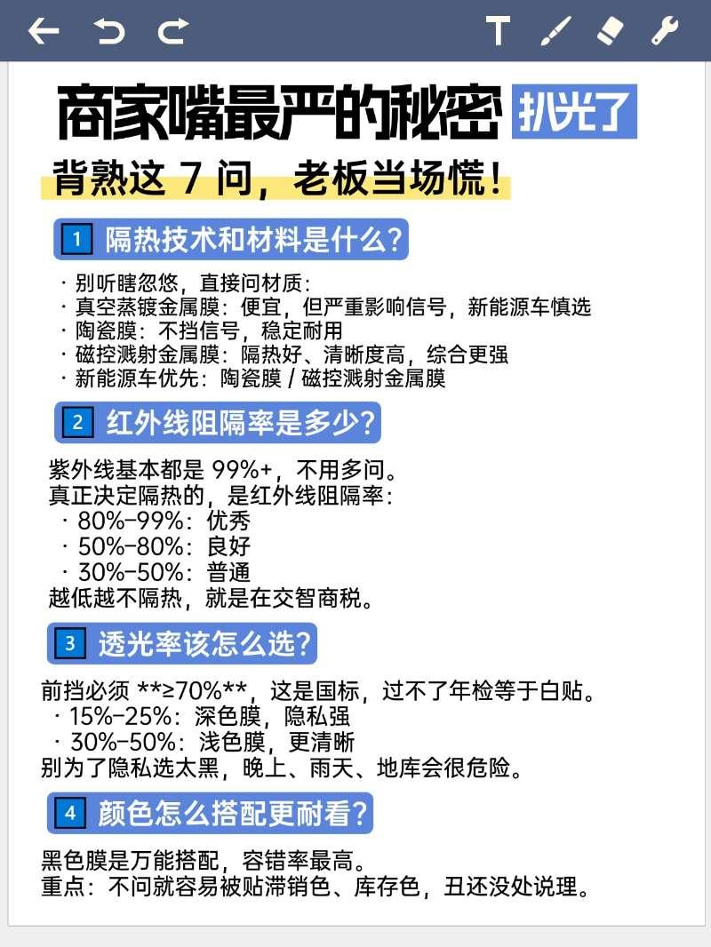商家嘴最严的秘密，被我扒光了贴膜前背熟这 7 问，老板当场慌买车后去贴膜，是不是