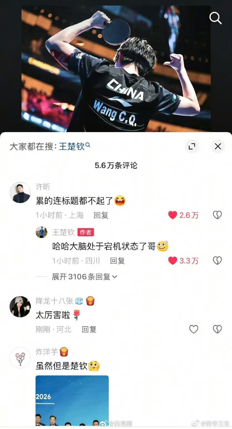 王楚钦回复许昕大脑处于宕机状态了王楚钦跟每一个人的关系都很好