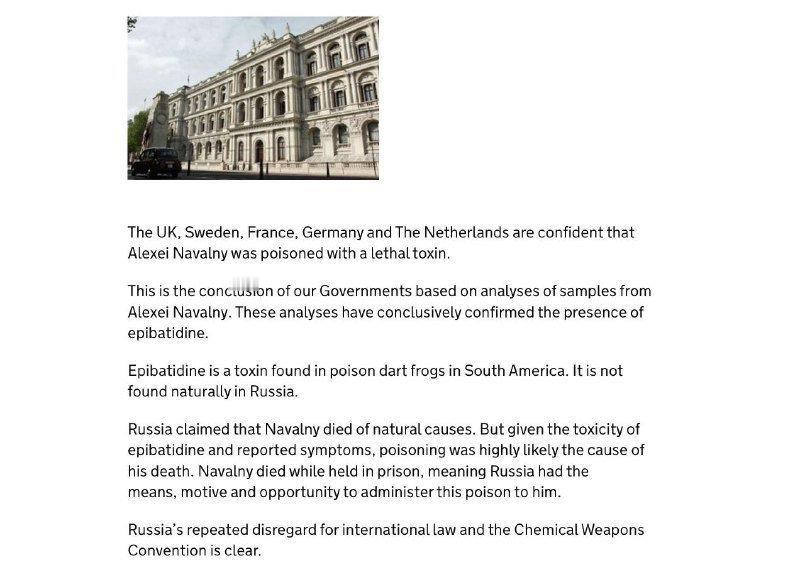 德国、英国、荷兰、瑞典和法国发布联合声明称，对纳瓦利内生物样本的检测显示，纳系地