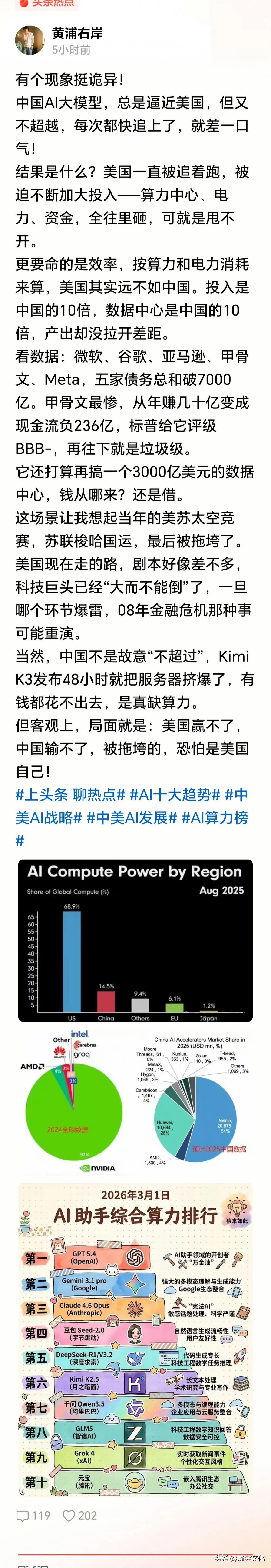 貌似有点道理，我们不急于成为第一，有技术原因，或许也还有其它考量。

AI作为未