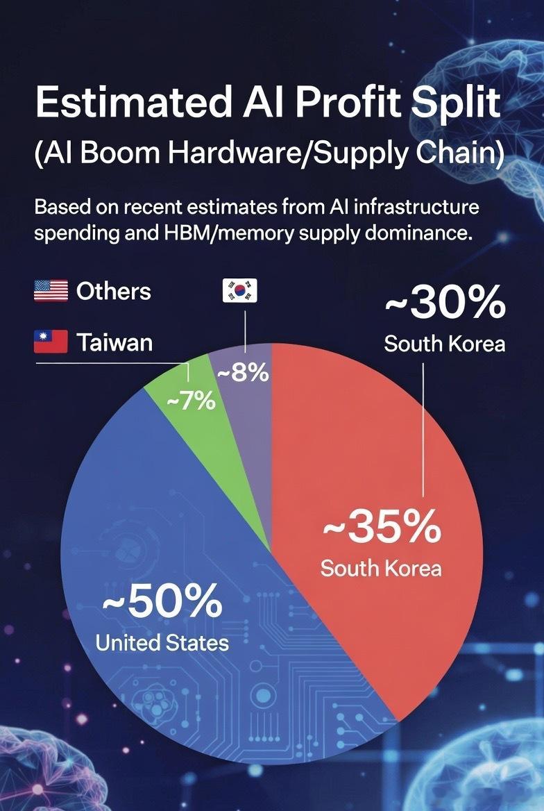 整个AI行业，美国大约拿走了50%的利润，而韩国拿走了35%，台湾拿走了7%，其
