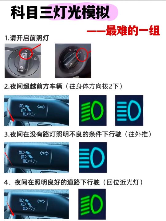 科目三灯光模拟 —一最难的一组 1.请开启前照灯 2.夜间超越前方车辆...