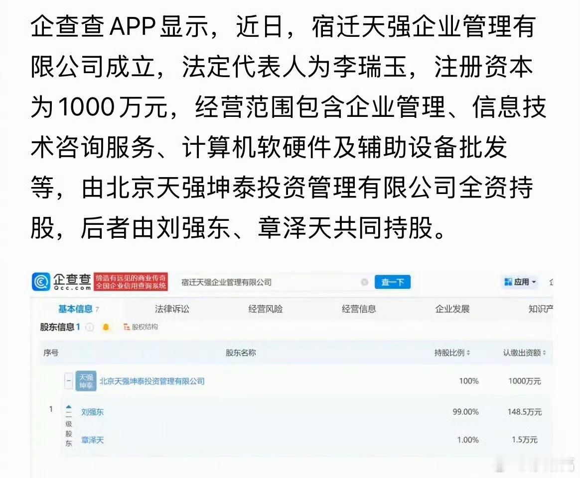 刘强东和章泽天新公司叫天强 光看话题词都会觉得东哥太浪漫了，又用老婆名字起公司名