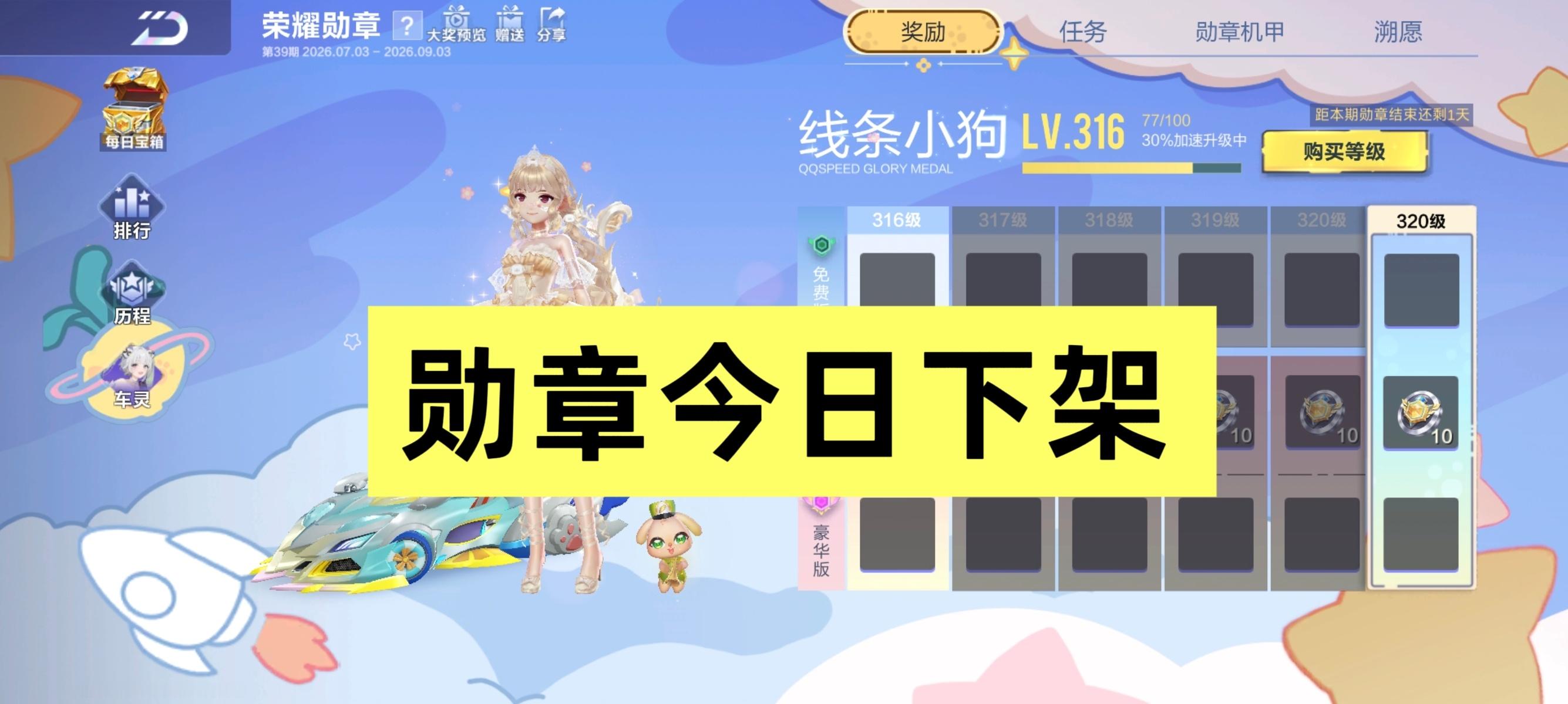 qq飞车手游[超话]暹罗厘普勇闯飞车 ❗「今日勋章下架提醒」❗注意本期线条小狗勋