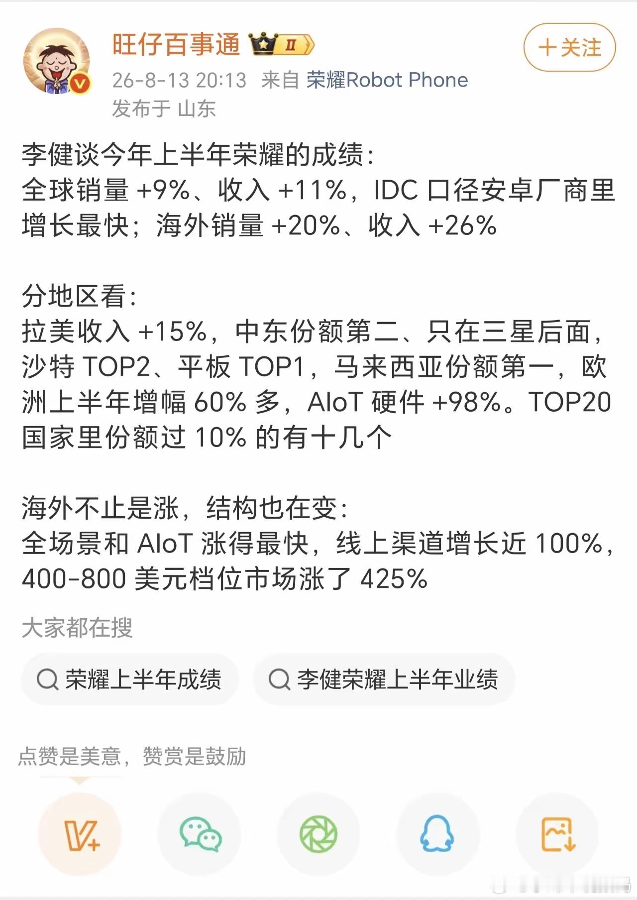荣耀这半年真的杀疯了。李健交出的成绩单，安卓阵营增长最快不是吹的，全球销量收入双