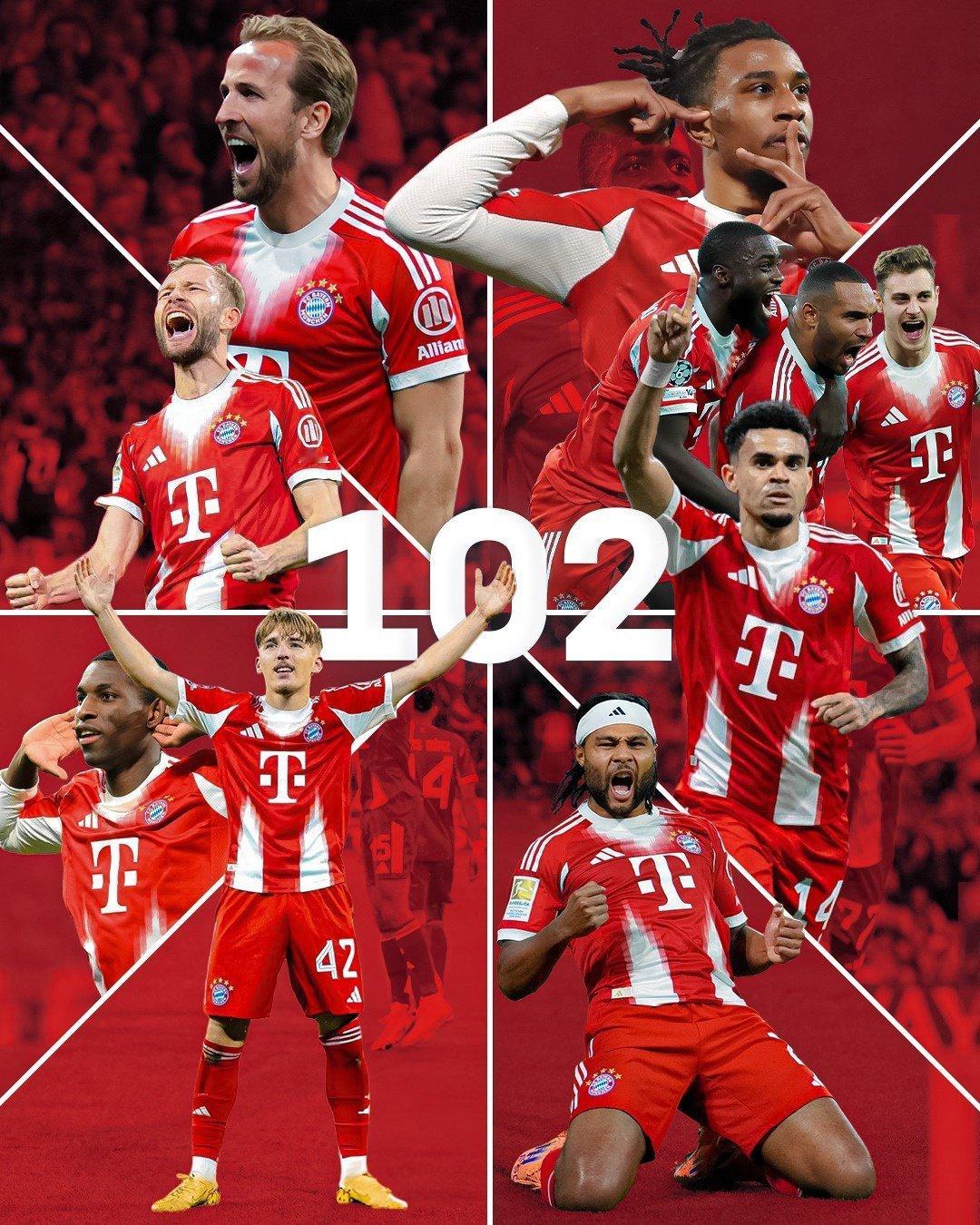 53年9个月2周零1天后孔帕尼治下的拜仁打破了德甲单赛季101球纪录恭喜所有代表