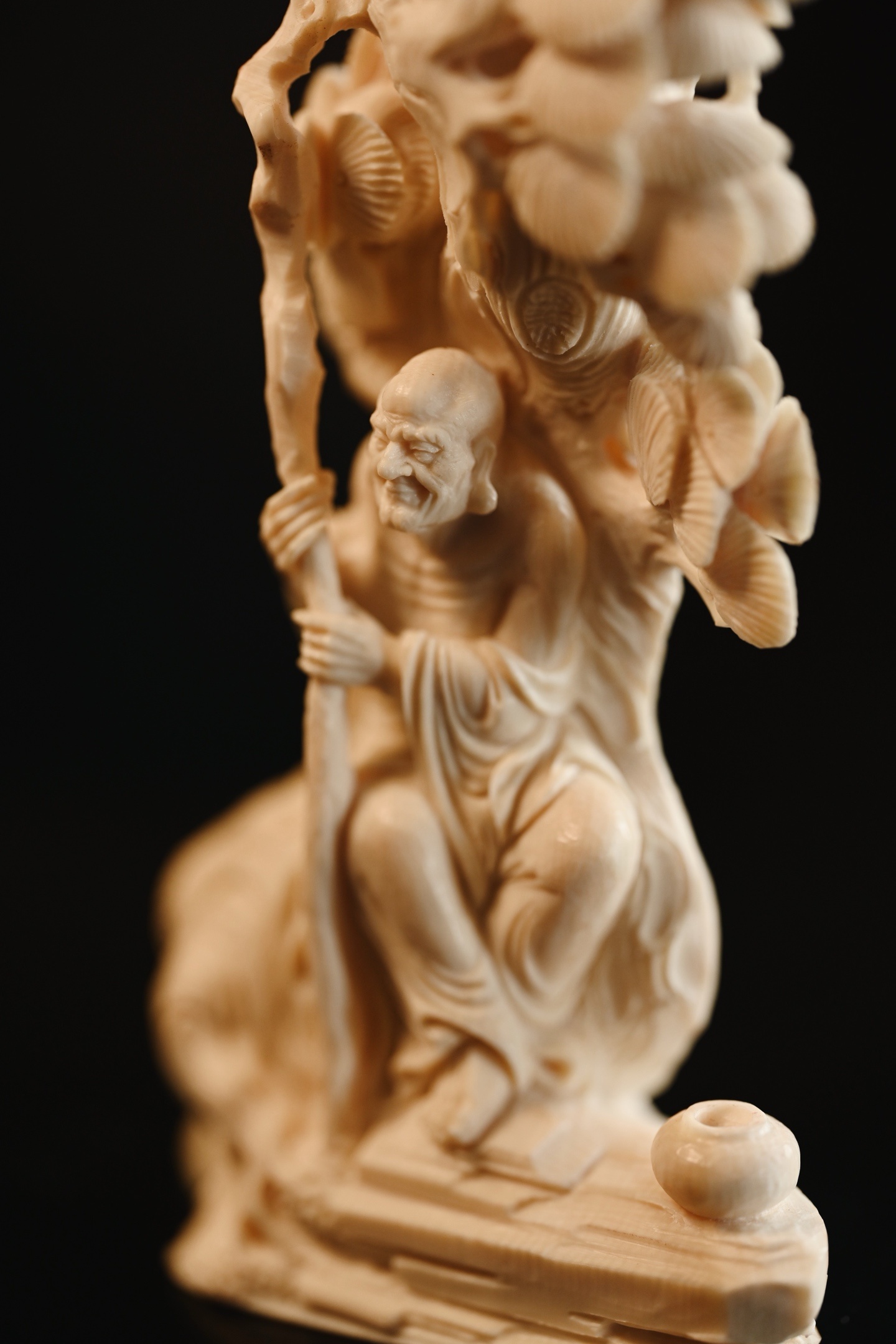 猛犸 | 松下达摩 摆件整料雕刻，刀工细致，苍松虬枝盘错，达摩持杖闲坐，笑看风云