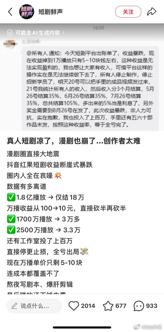 短剧寒冬期短剧市场爆雷刚听做短剧的朋友吐槽，现在收益惨到离谱，万播才几块钱，之前