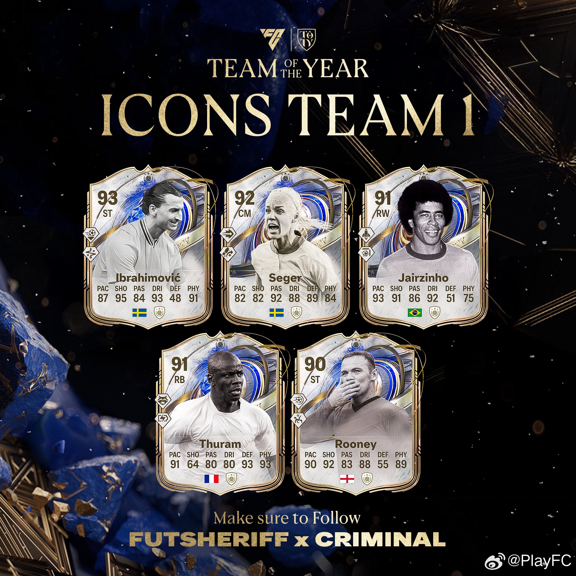 第一套TOTY传奇球星阵容。伊布、赛格、雅依吉尼奥、图拉姆、鲁尼。FC26