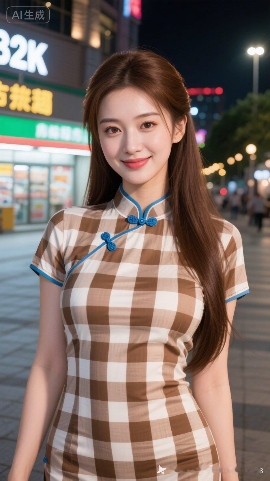 夜色中的复古风情，格子旗袍搭配蓝色扣子，优雅动人。