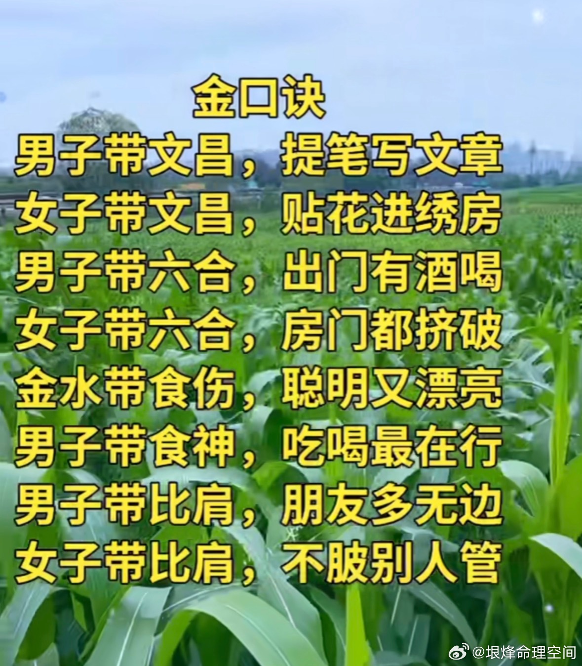 金口诀男子带文昌。提笔写文章女子带文昌，贴花进绣房男子带六合，出门有酒喝女子带六