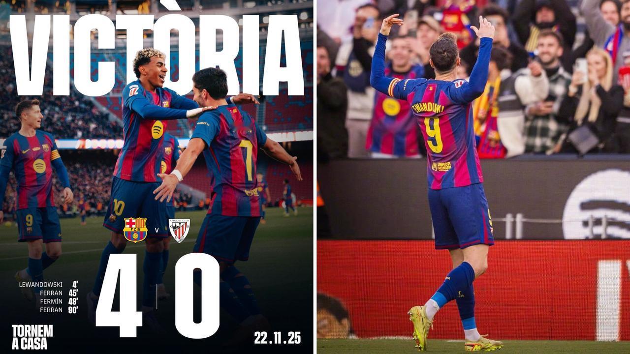 西甲：巴萨回归诺坎普首战4-0大胜毕尔巴鄂竞技，先赛积分追平皇马。
费兰完成双响