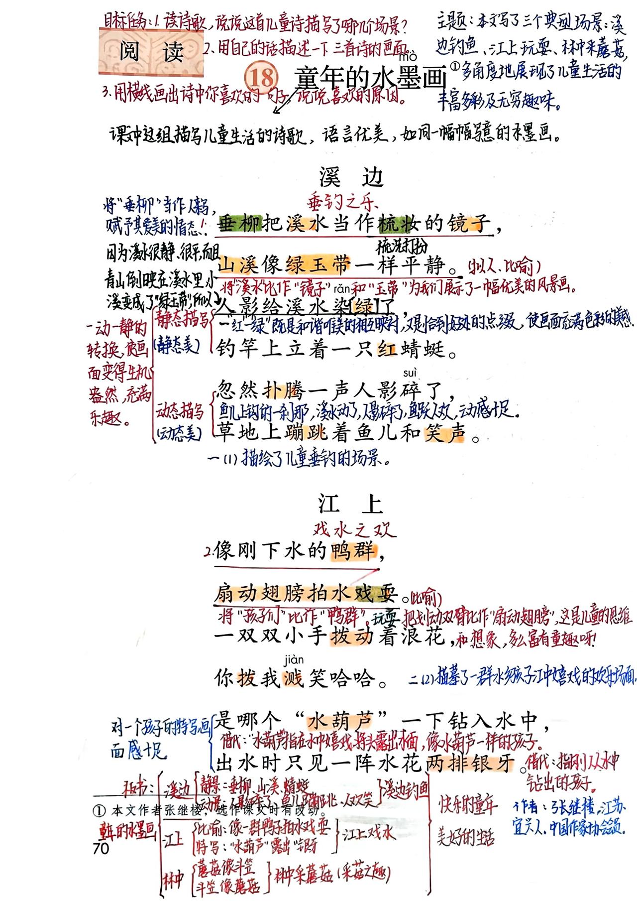 三年级下册语文，第六单元第18课《童年的水墨画》课堂笔记，收藏备用三年级语文