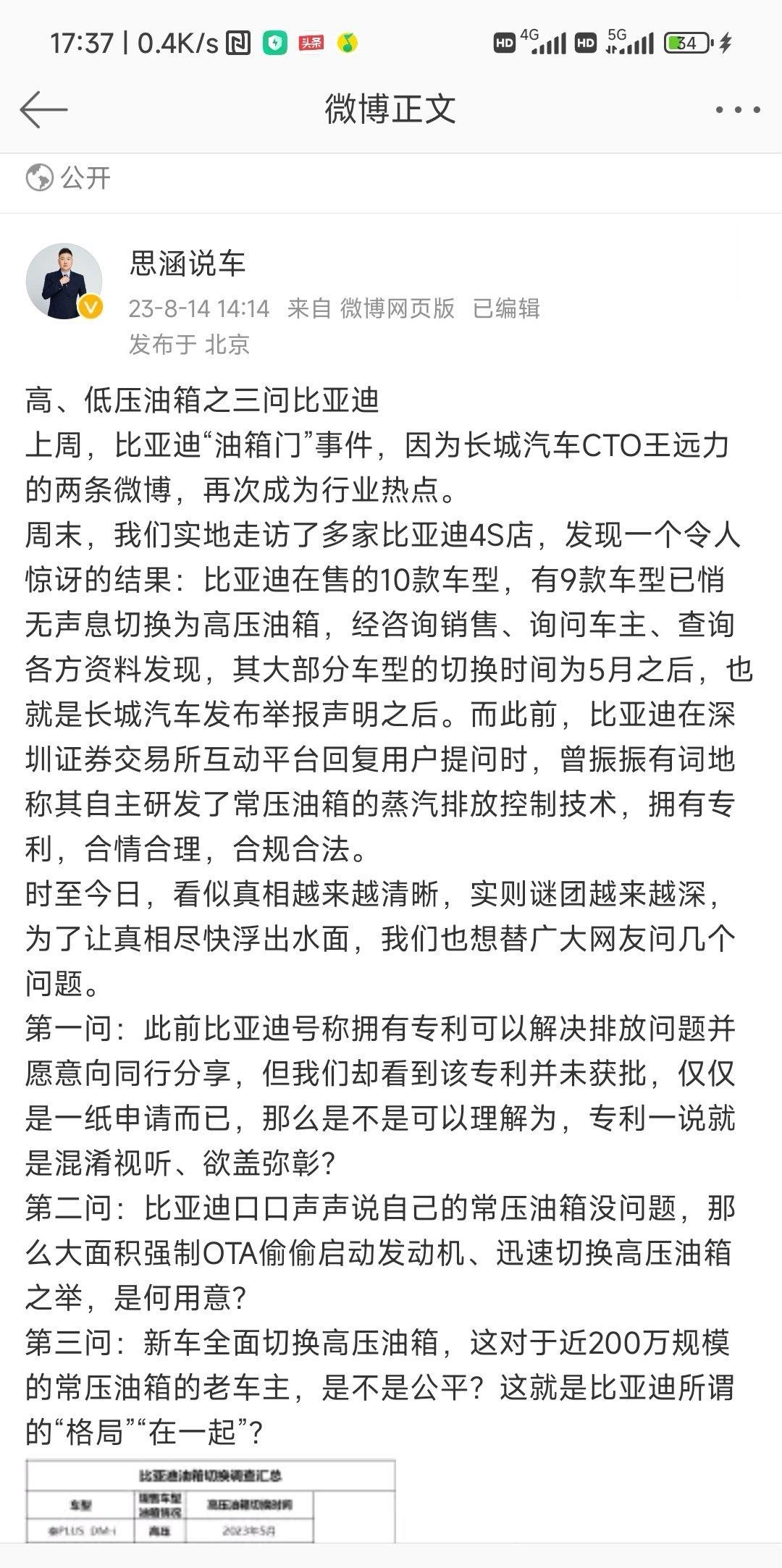 #长城汽车CTO三度发博#又是一个被推到风口浪尖的话题，比亚迪的“油箱门”事件近