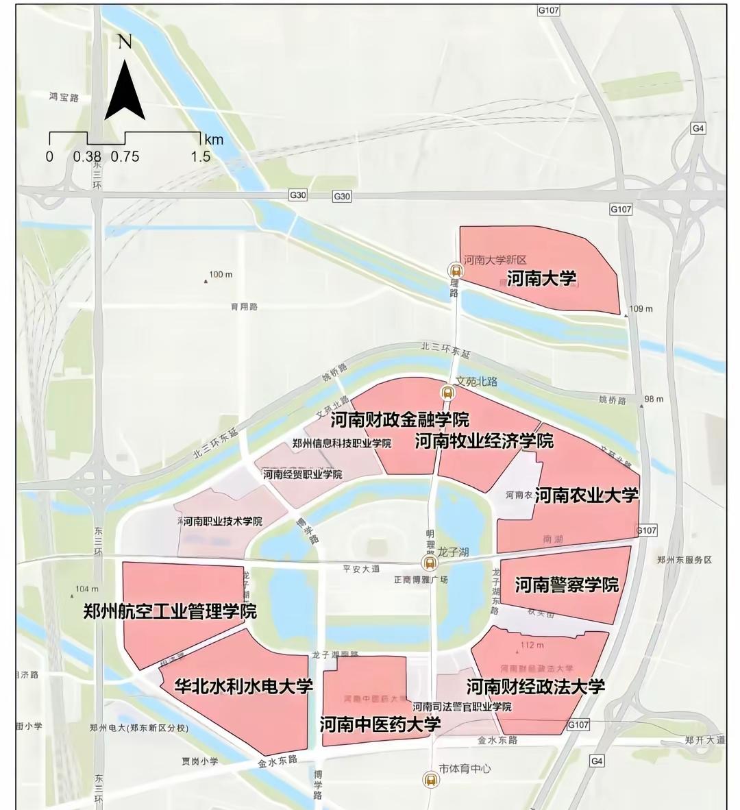 郑州龙子湖校区高校分布图里，河大仿佛被“孤立”，搁圈外还被水隔着，乍一看好像入不