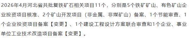 【融配达*早安资讯】4月河北省11个铁矿石项目获批！