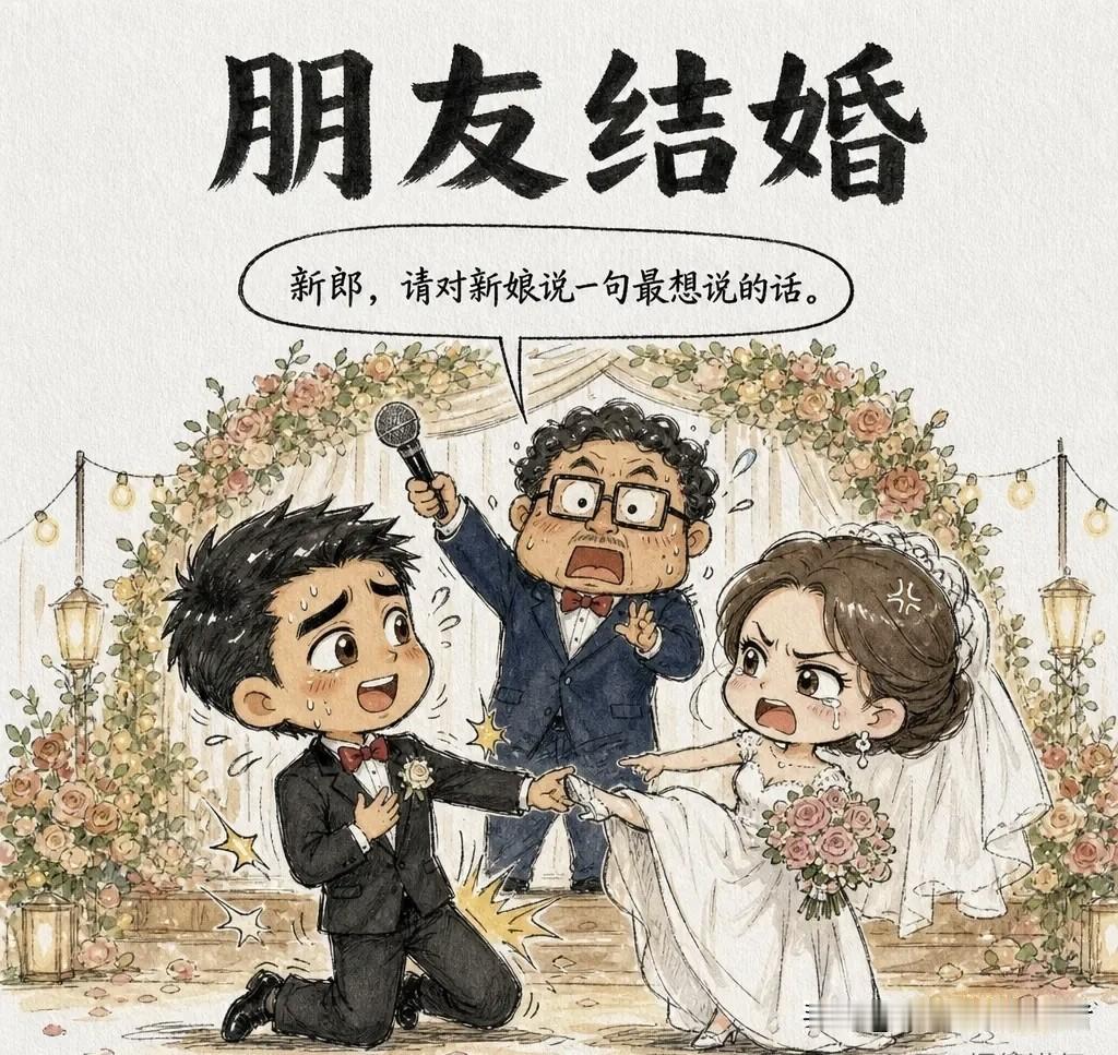 趣味漫画：朋友结婚，主持人煽情：「新郎，请对新娘说一句最想说的话。」新郎握着新娘