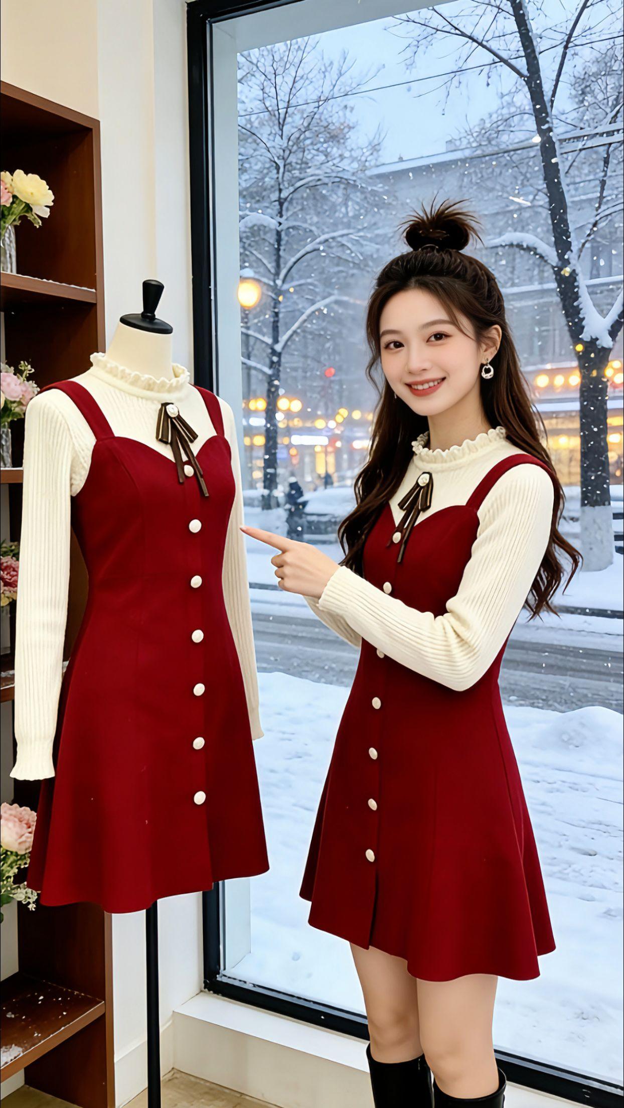 周末和闺蜜逛完街，Danny穿着这件红调假两件毛衣裙拐进复古咖啡馆。木耳边领口配