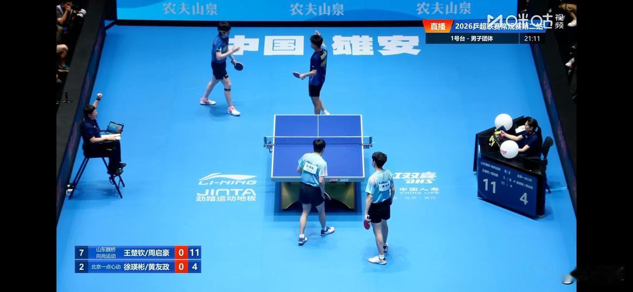 2026年乒超联赛第二站男团积分循环赛第二轮：
山东魏桥八比二北京一点心动
梁靖