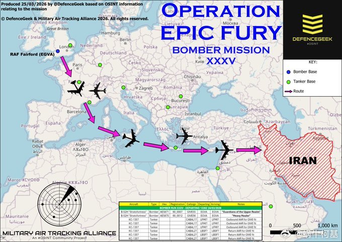 3月 24 日的两次脉冲轰炸任务，美军继续使用 2 架 B-1B 和2 架 B-