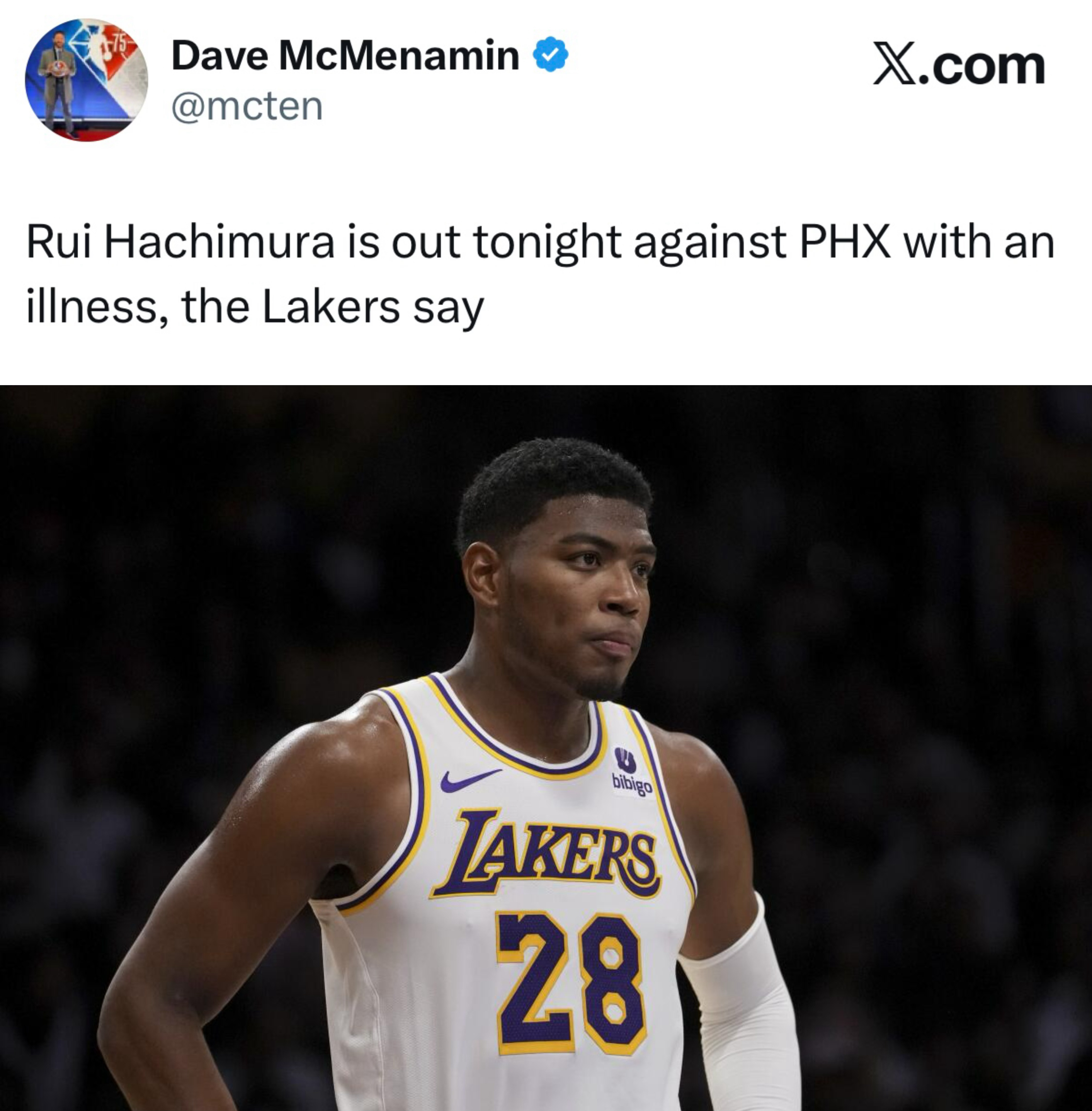 八村塁因生病，将缺席今晚对太阳队的比赛。 