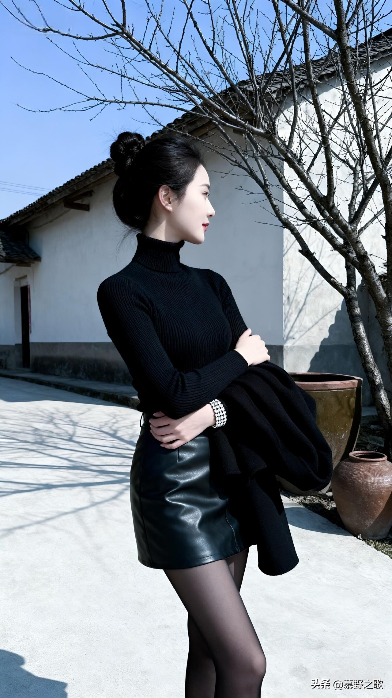 古村的风掠过枝桠时，我抱着外套站在巷口，黑衫的纹理顺着肩颈蔓延，皮裙的光泽在阳光