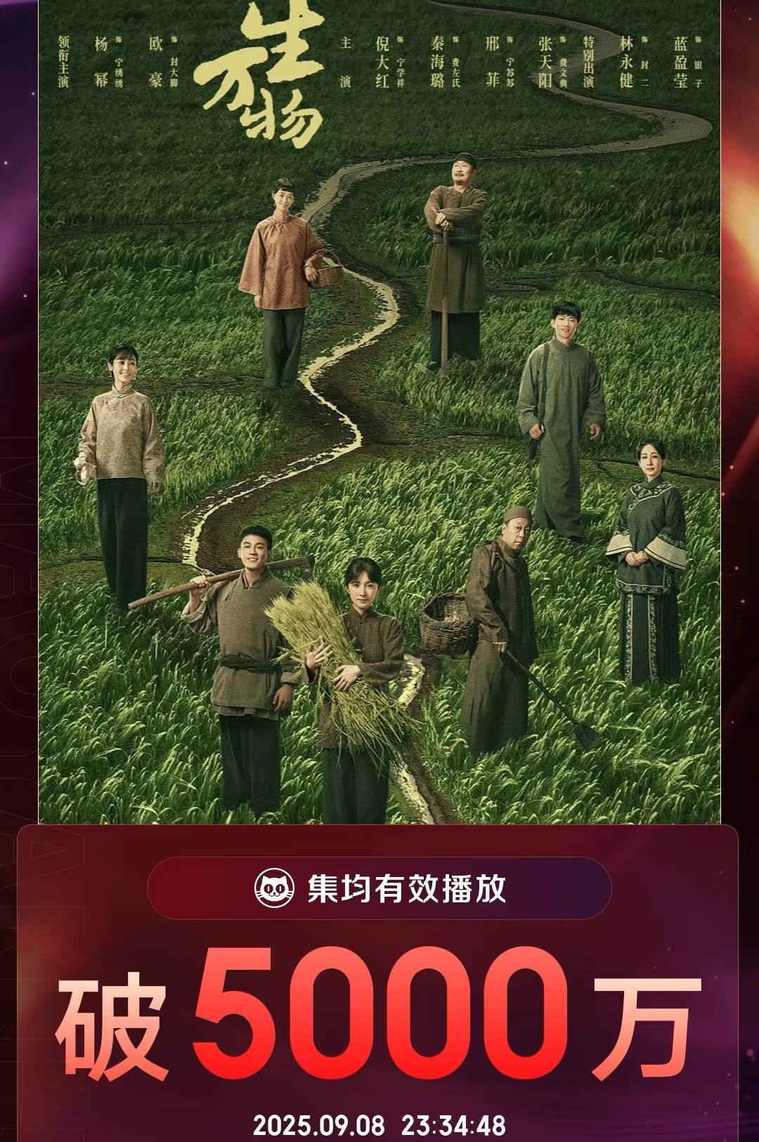 据猫眼专业版数据，杨幂、欧豪领衔主演电视剧《生万物》全网有效播放量破18亿，集均